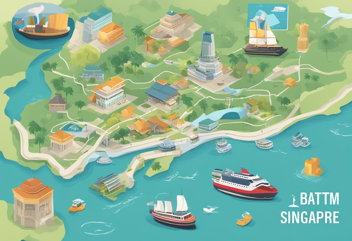 A map of Singapore and Batam with a ferry route highlighted, surrounded by travel essentials like passports, tickets, and a guidebook