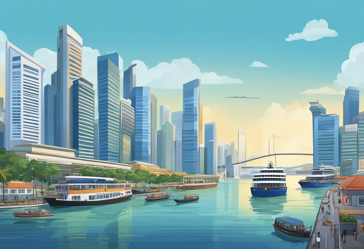 The bustling Singapore harbor as a ferry departs for Batam, with tall buildings and ships lining the waterfront under a clear blue sky