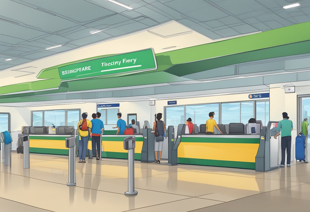 Passengers boarding ferry from Singapore to Batam. Ticketing counter, waiting area, and departure gate visible. Luggage and signage present