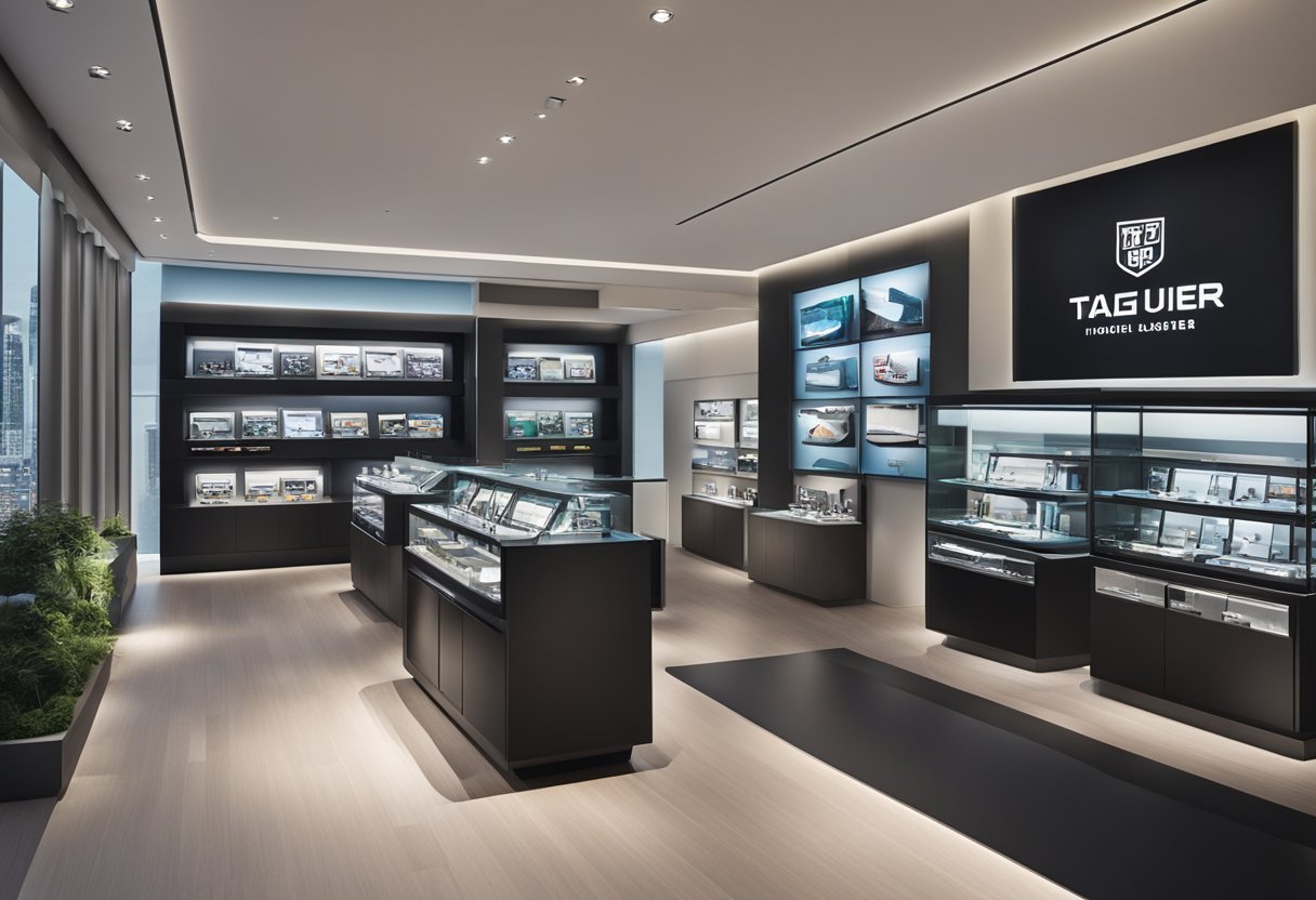 Tag Heuer Singapore's collection highlights and brand ambassadors showcased in a sleek, modern display