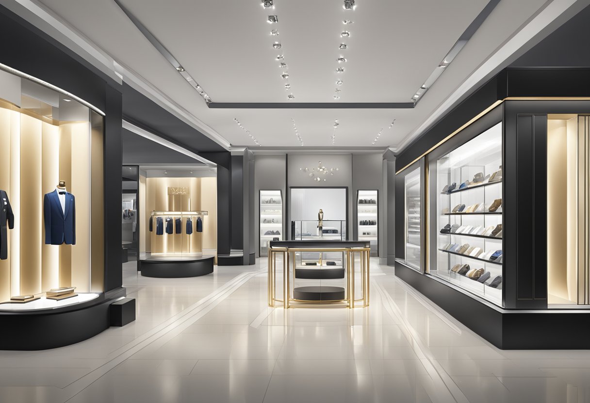 A sleek and modern watch boutique with a prominent "Frequently Asked Questions" display. Bright lighting and neatly arranged timepieces