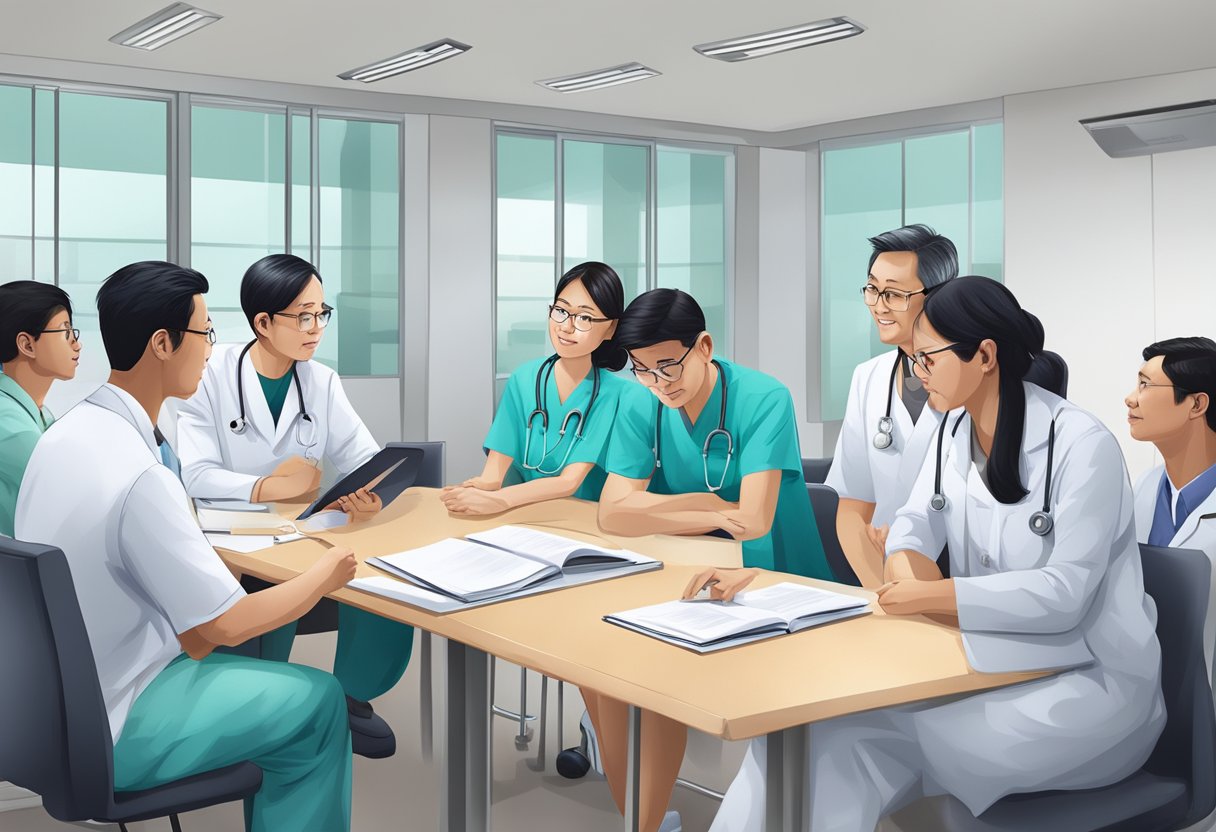 A group of medical professionals gather at the Singapore Medical Council, discussing and reviewing patient cases and medical guidelines