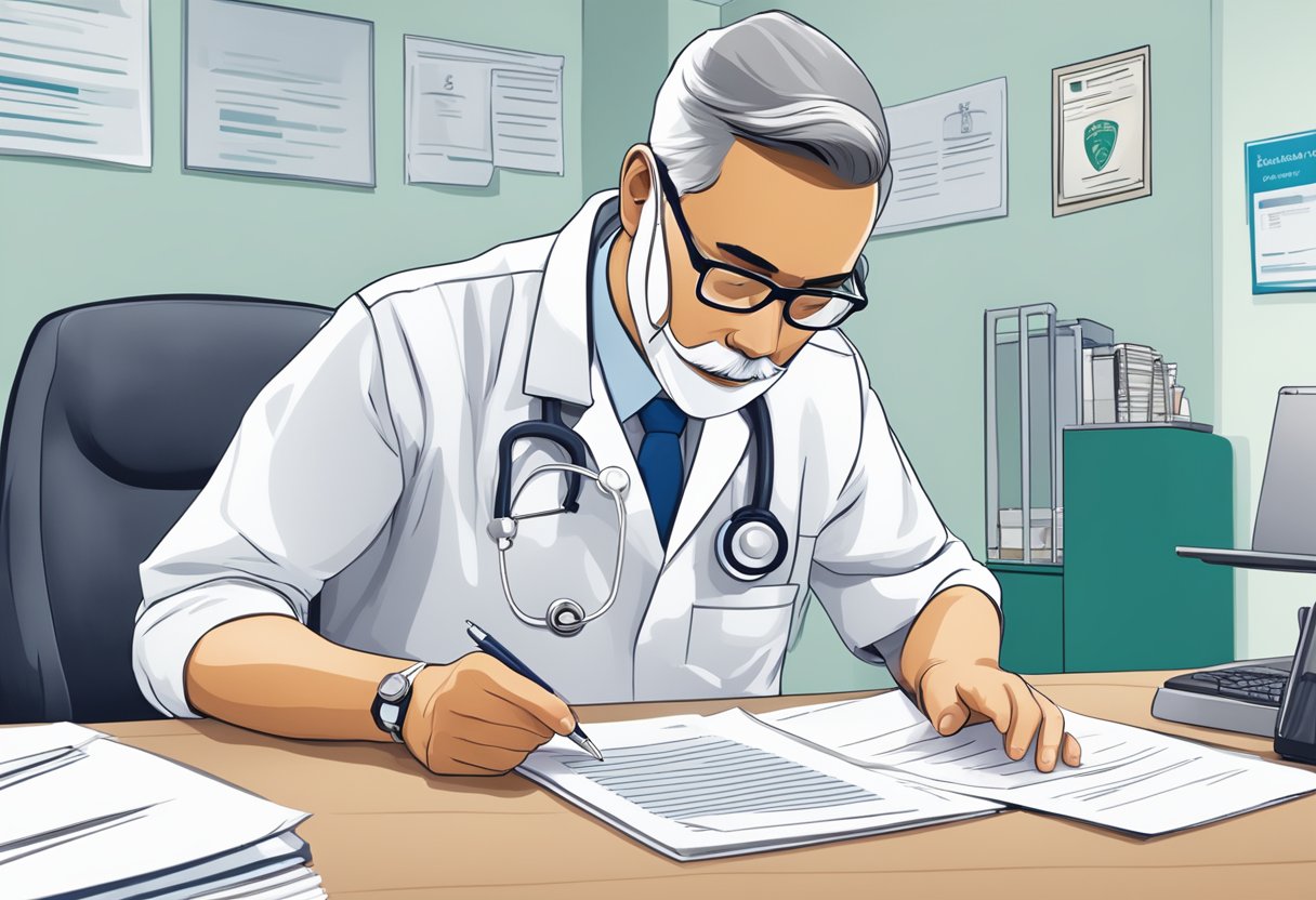 A doctor filling out forms at a desk with the Singapore Medical Council logo in the background