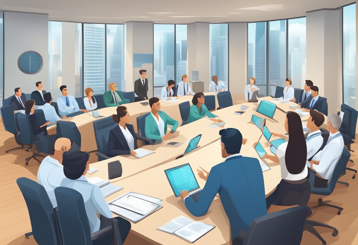 A group of professionals convene in a modern boardroom, discussing and making decisions on medical regulations and standards