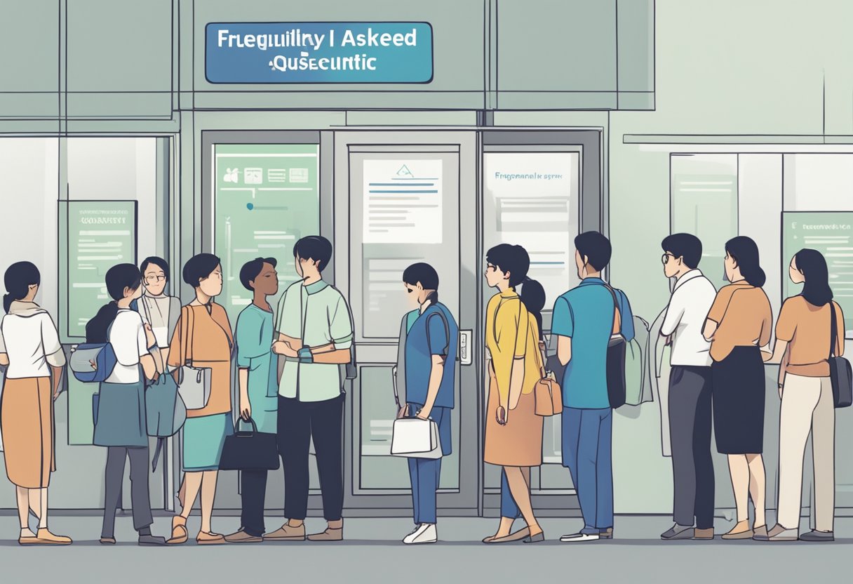 A group of people standing in line at the Singapore Medical Council office, with a sign displaying "Frequently Asked Questions" prominently displayed