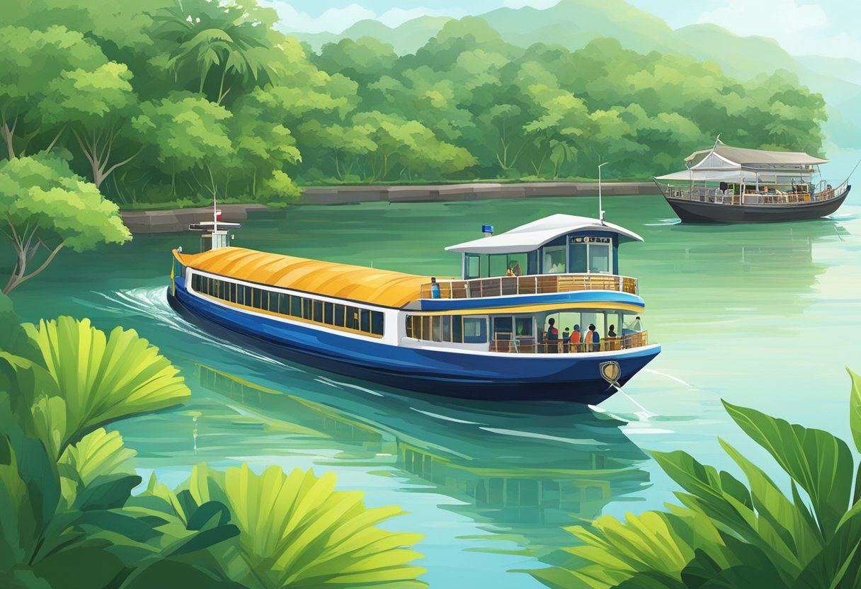 A ferry glides across the calm waters from Singapore to Malacca, passing by lush greenery and traditional fishing boats