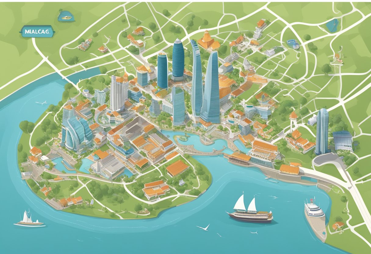 A map of Singapore and Malacca with a dotted line connecting the two cities, surrounded by iconic landmarks and transportation options