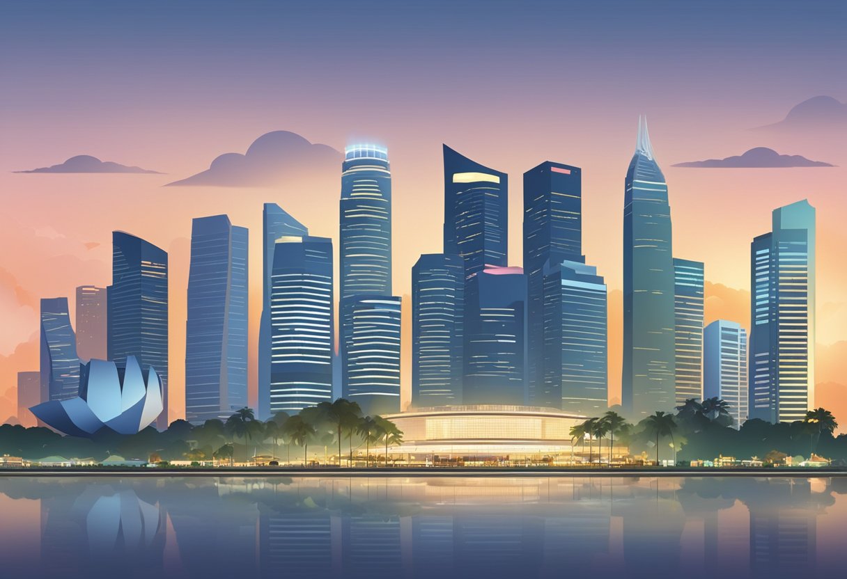The city skyline of Singapore at dawn, with the iconic landmarks illuminated by the soft glow of the morning sun