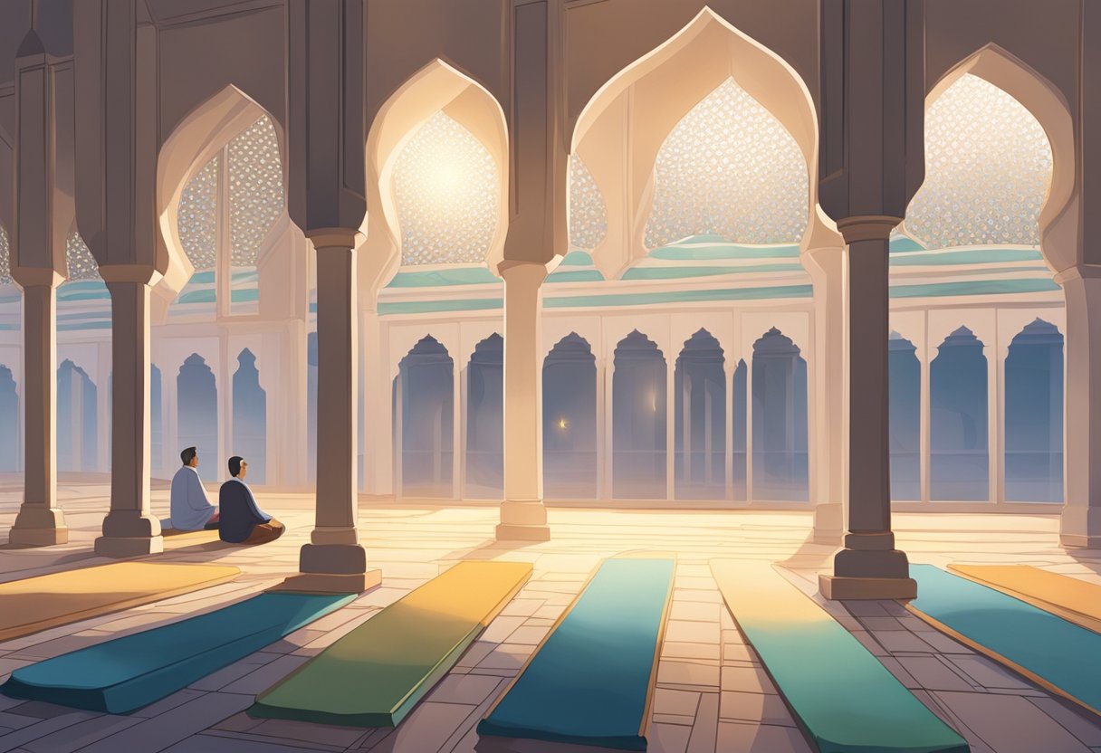 A serene mosque in Singapore at dawn, with soft light filtering through the windows, and a peaceful atmosphere as worshippers perform their Subuh prayers
