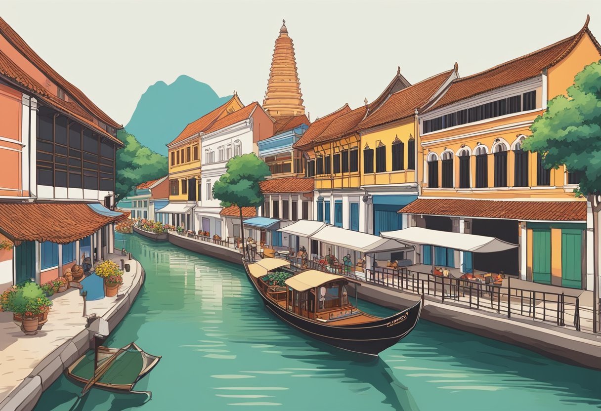 Malacca's historic buildings line the river, blending Portuguese, Dutch, and British influences. Colorful trishaws weave through bustling streets, while ancient temples stand in quiet reverence