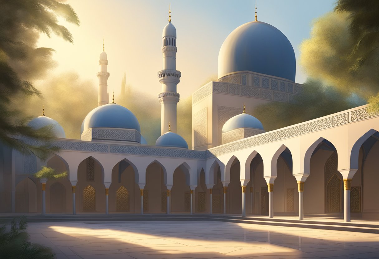 A serene mosque courtyard at dawn, with soft light filtering through the trees, and a stillness in the air