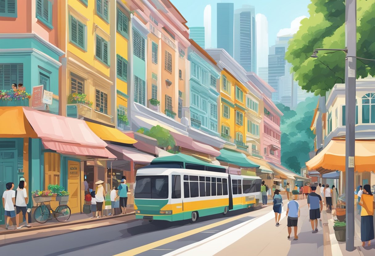 A busy street in Singapore with a sign reading "Frequently Asked Questions Singapore to Malacca" above a row of colorful shops and bustling traffic