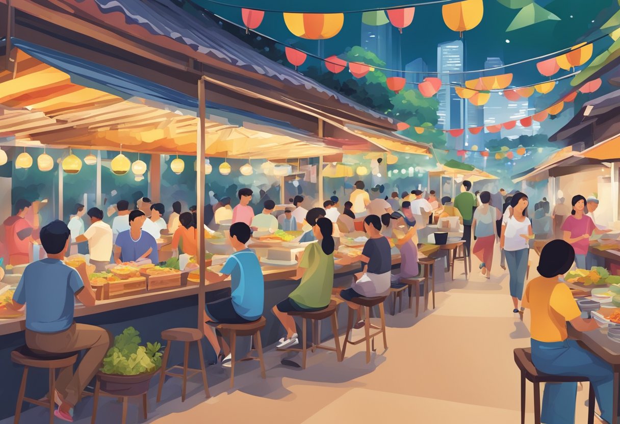 A bustling hawker center in Singapore, with colorful food stalls and a mix of locals and tourists enjoying a variety of delicious dishes