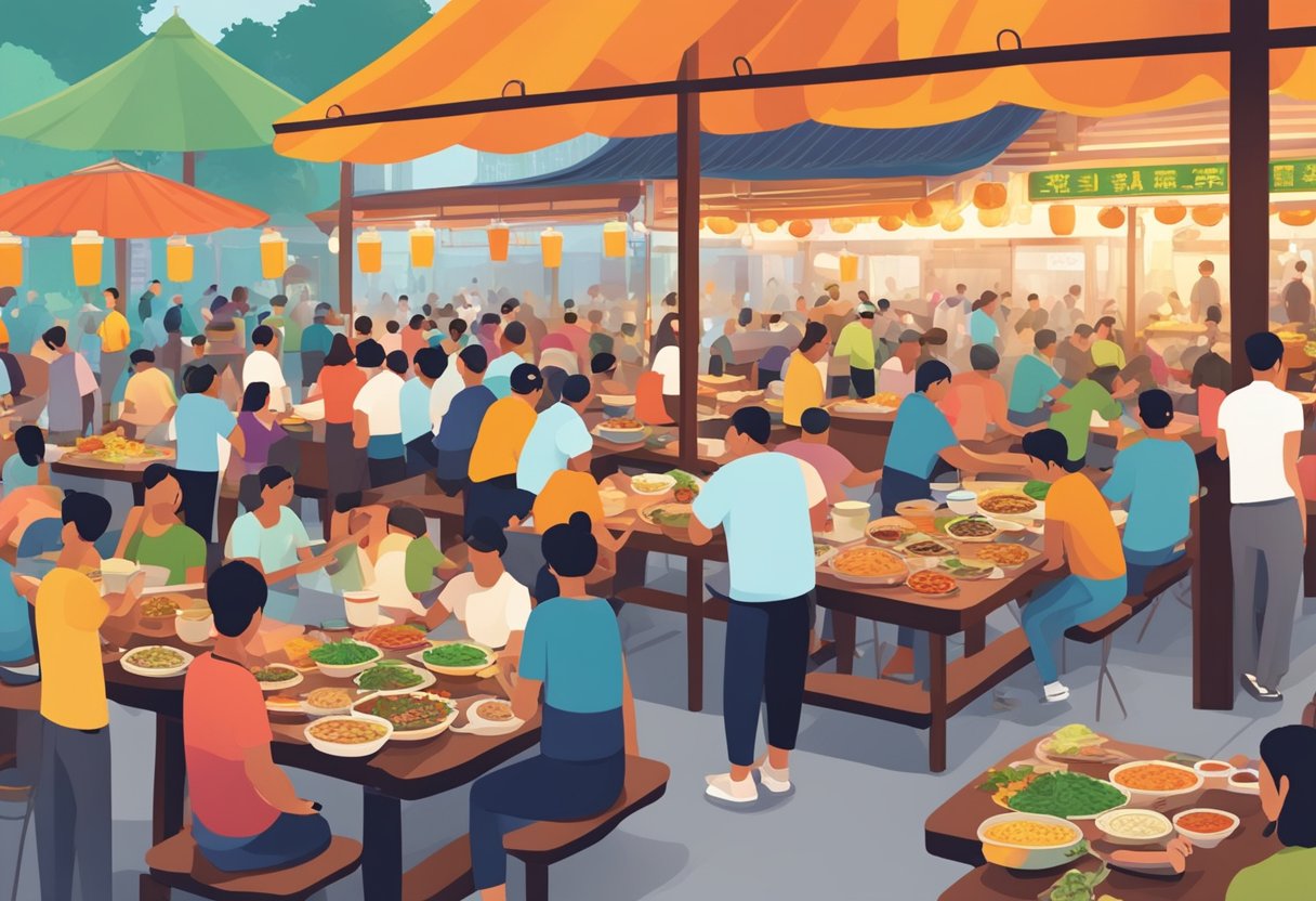 A bustling hawker center with sizzling woks, steaming pots, and colorful food stalls, surrounded by eager diners sampling a variety of tantalizing dishes