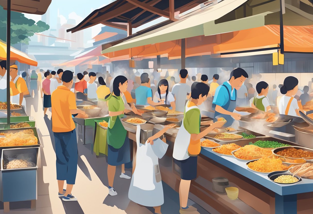 A bustling hawker center with steaming woks, sizzling grills, and colorful stalls serving up iconic Singaporean dishes like Hainanese chicken rice and laksa