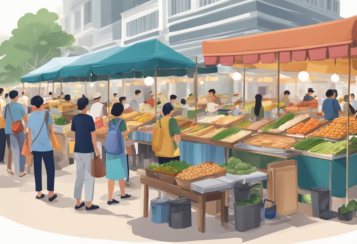 People gathering around a bustling food market in Singapore, with various stalls and vendors offering a wide array of local and international cuisine