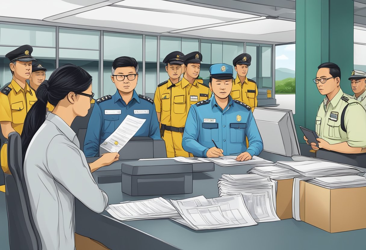 A Malaysian citizen submits travel documents at a border checkpoint, with officials checking for required paperwork and health declarations
