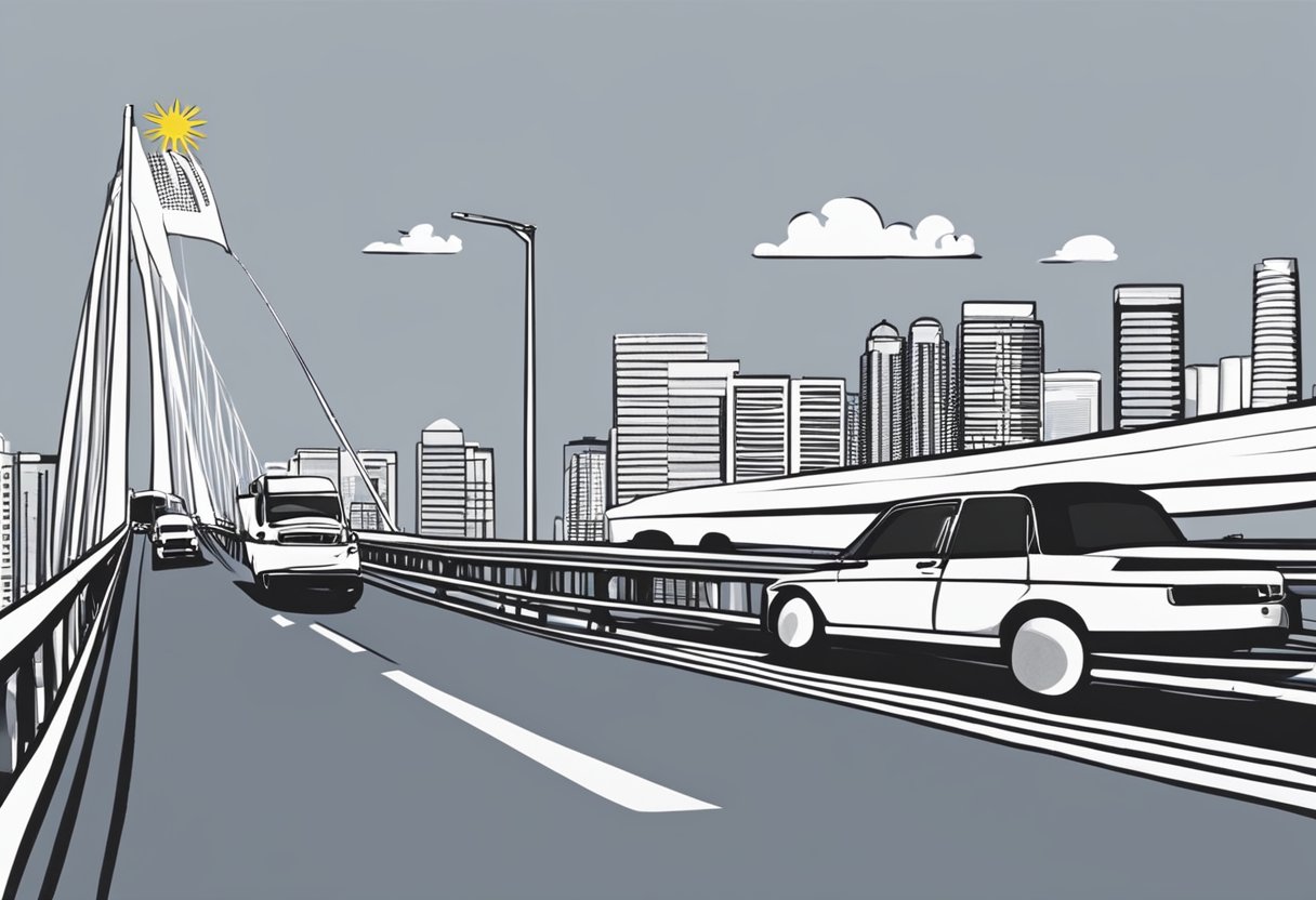 A Malaysian flag flying high as a line of cars crosses a bridge into Malaysia from Singapore