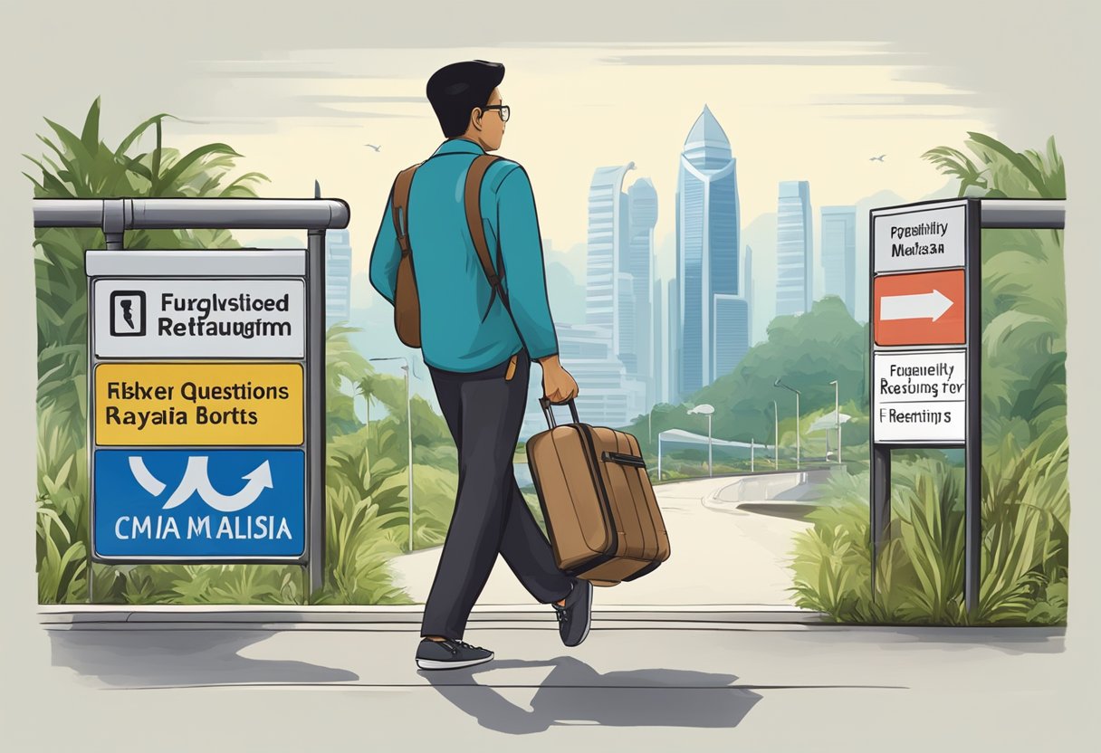 A Malaysian citizen walks across the border from Singapore, carrying luggage and looking at a sign that reads "Frequently Asked Questions for Malaysian Citizens Returning to Malaysia."