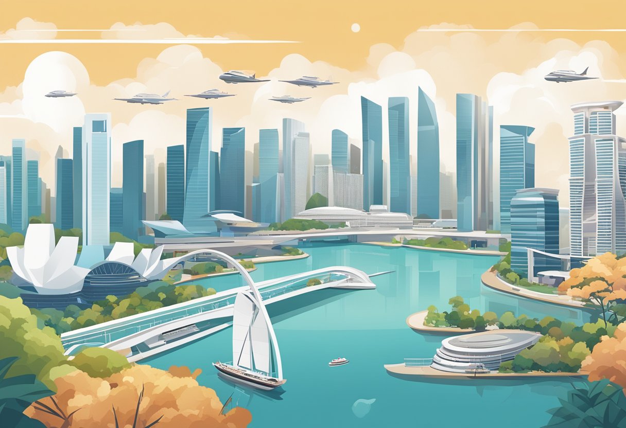 A bustling cityscape with iconic landmarks like the Marina Bay Sands, the Singapore Flyer, and the futuristic skyline of high-rise buildings