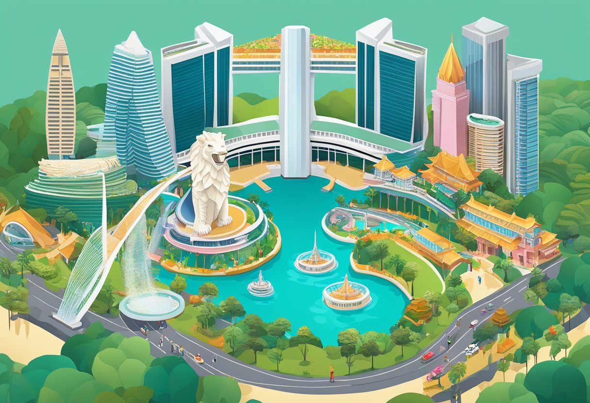 A miniature representation of iconic Singapore landmarks, including the Merlion, Marina Bay Sands, and Gardens by the Bay, with vibrant colors and intricate details