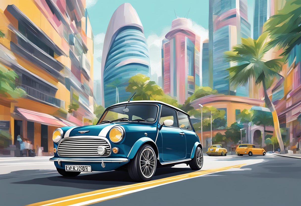 A sleek Mini Cooper drives through the vibrant streets of Singapore, passing by iconic landmarks and modern architecture