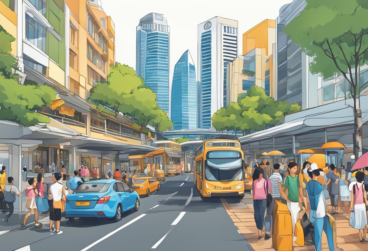 A bustling city street in Singapore, with iconic landmarks like the Marina Bay Sands and the Singapore Flyer in the background, and locals and tourists alike exploring the vibrant atmosphere