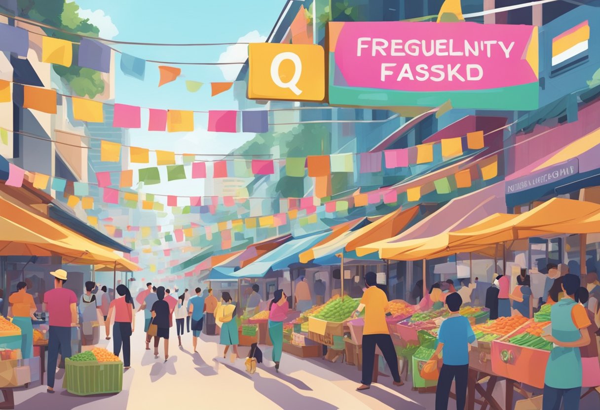 A bustling, colorful street market in Singapore with a prominent sign reading "Frequently Asked Questions mini" in the foreground