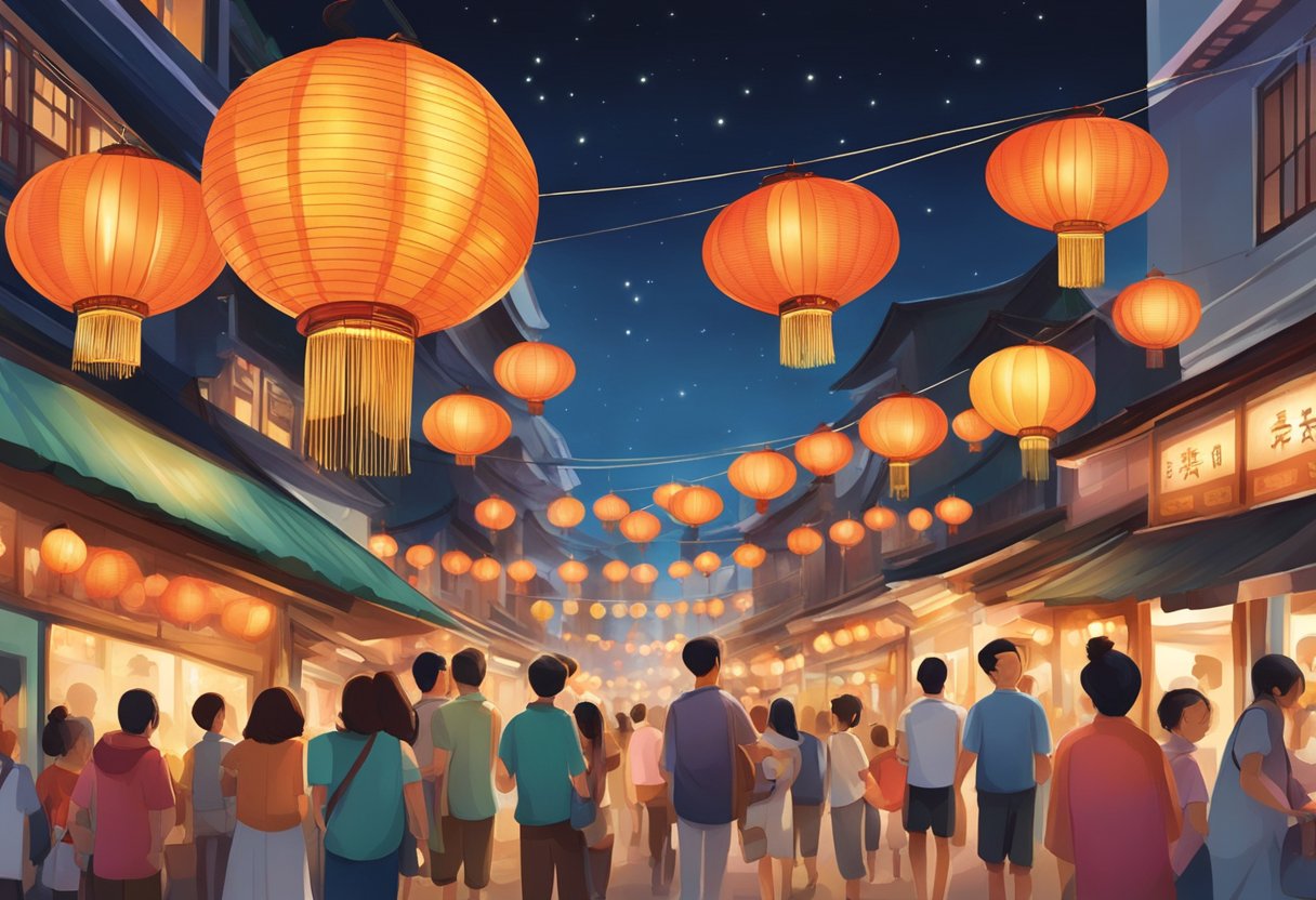 Vibrant lanterns illuminate the night sky over bustling streets, as families gather to celebrate the Moon Festival in Singapore