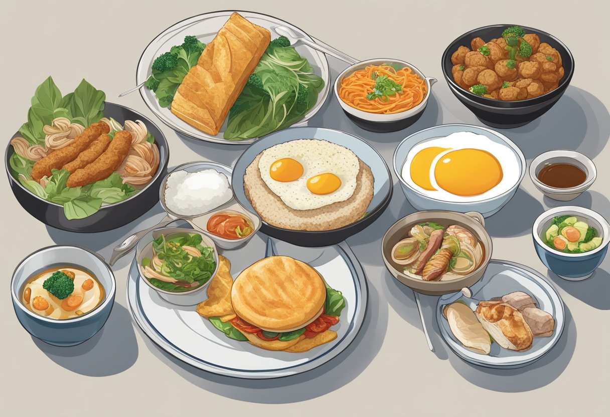 A table set with three distinct meals: breakfast, lunch, and dinner, each representing a different aspect of Singaporean cuisine