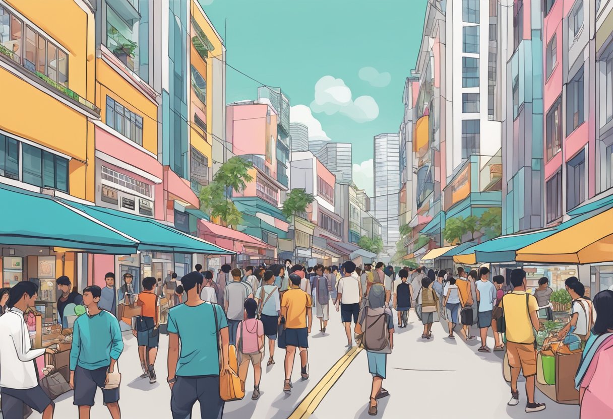 A bustling street in Singapore's ASOS district with colorful storefronts and busy shoppers