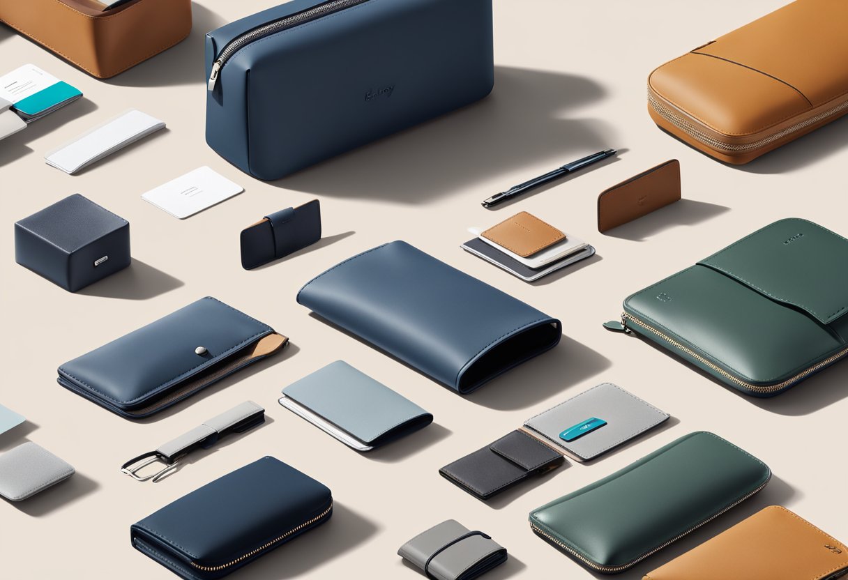 A display of Bellroy's product range in a sleek, modern setting with clean lines and minimalist design. Various wallets, bags, and accessories are arranged neatly, showcasing the brand's functional and stylish offerings