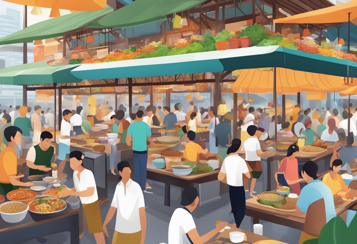 A bustling hawker center with a colorful array of local dishes, surrounded by eager diners and the aroma of sizzling spices