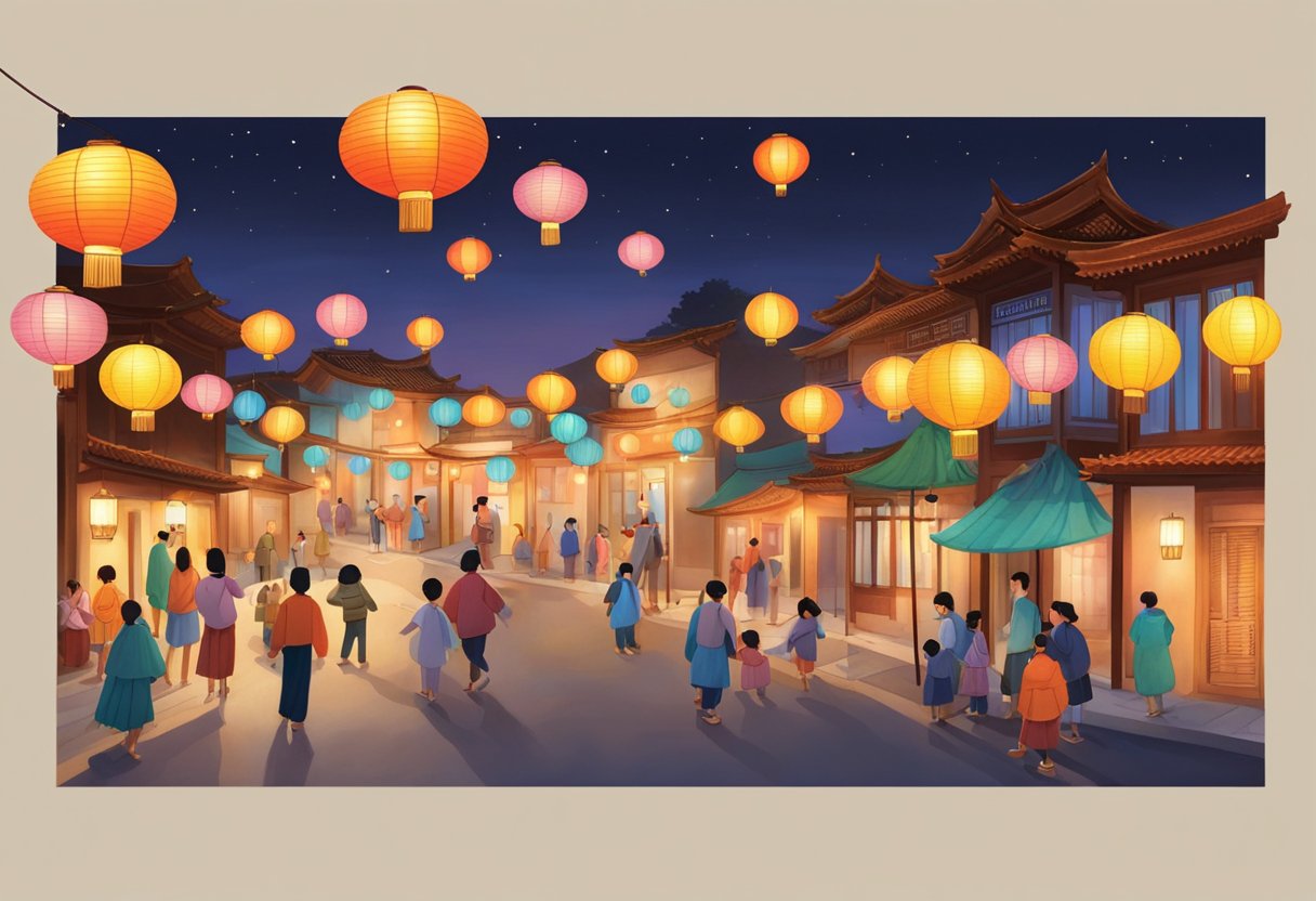 Colorful lanterns adorn the streets, while families gather to admire the full moon. Traditional music fills the air as children play with glowing lanterns