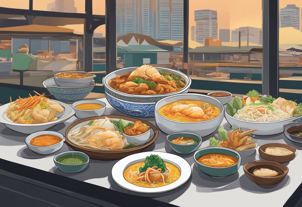 A table set with iconic Singaporean dishes: Hainanese chicken rice, laksa, and chili crab. A bustling hawker center in the background