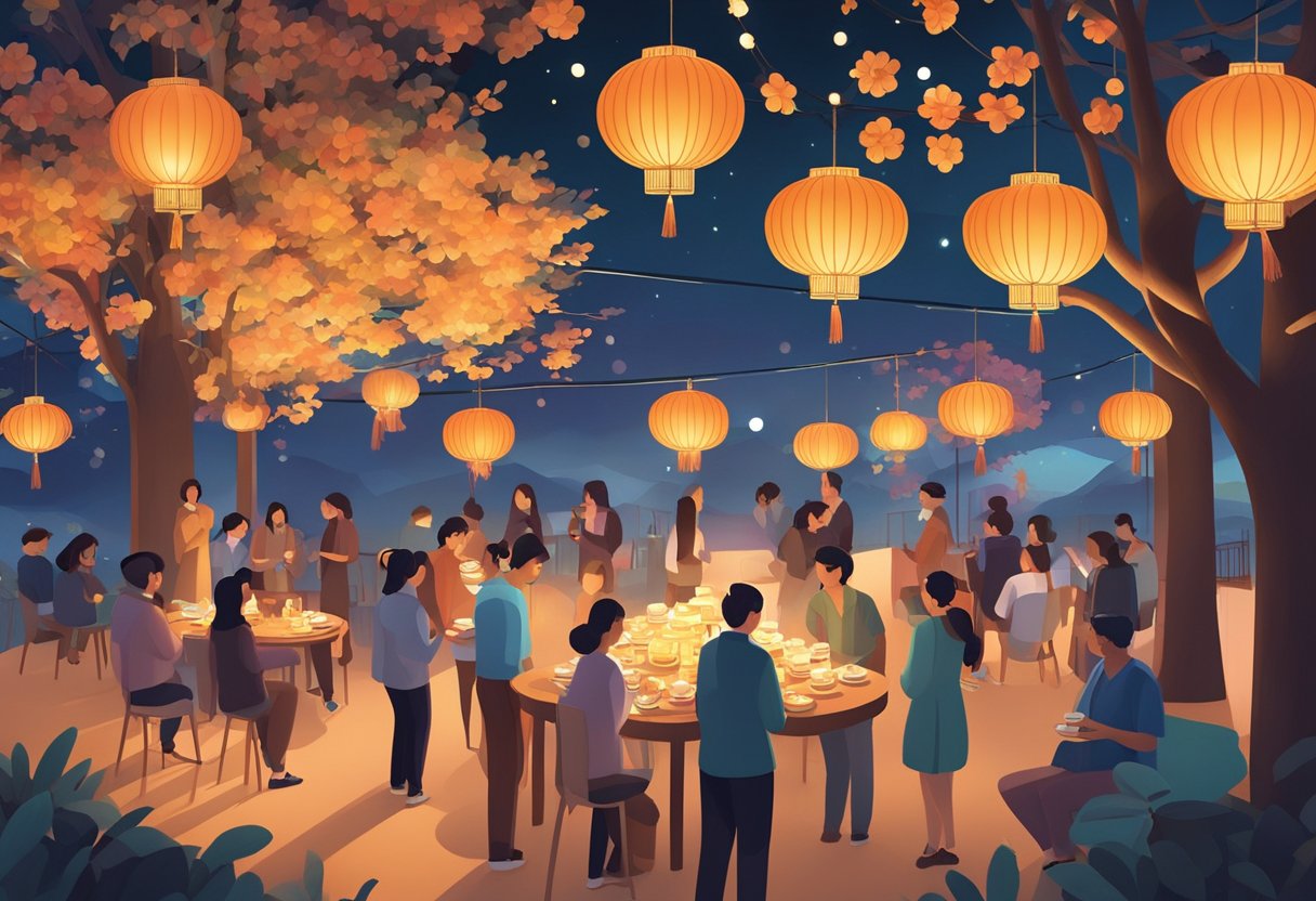 People gather under lantern-lit trees, enjoying traditional mooncakes and tea. A modern twist includes interactive light installations and live music performances