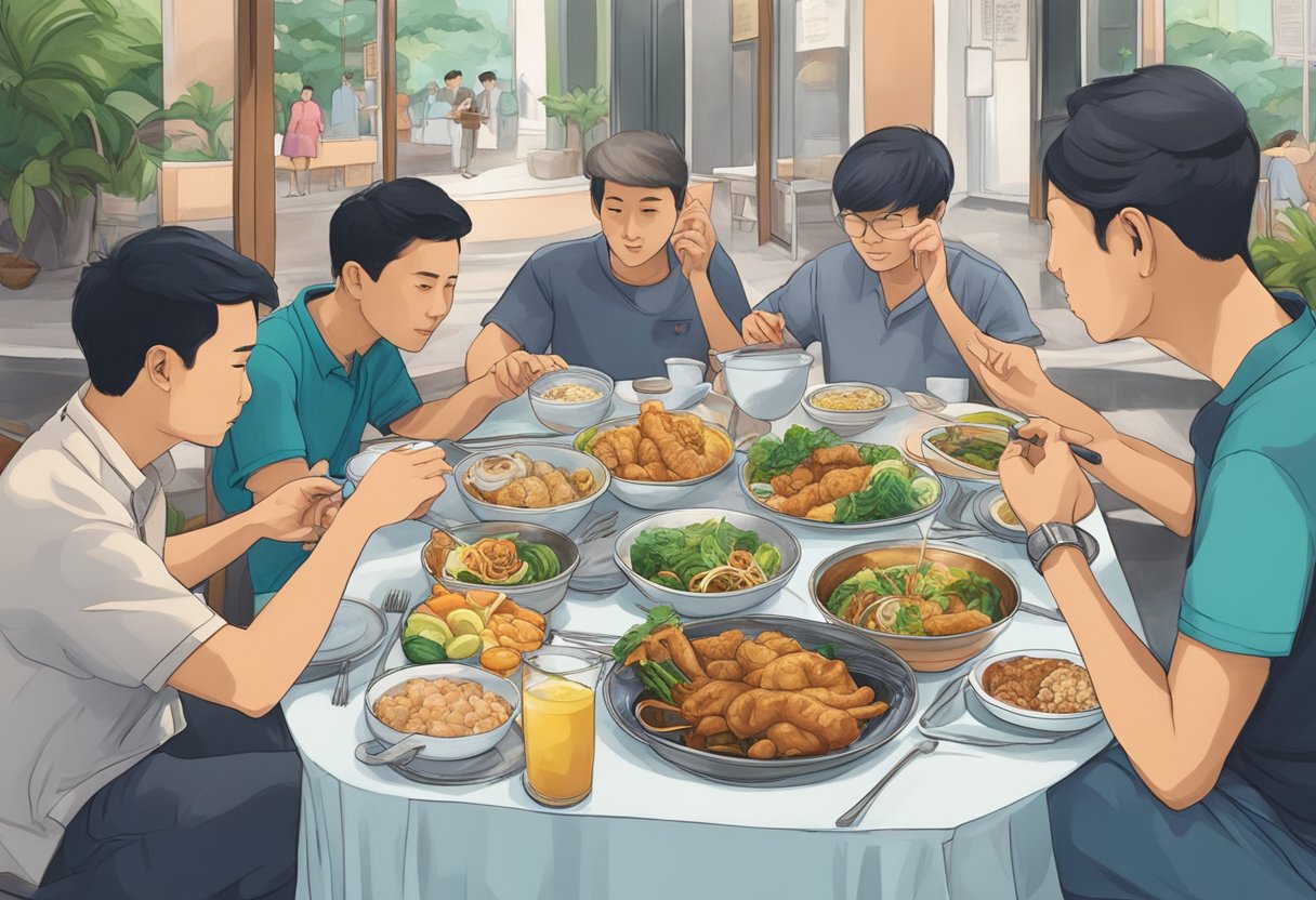 A table set with three meals in Singapore, surrounded by curious onlookers