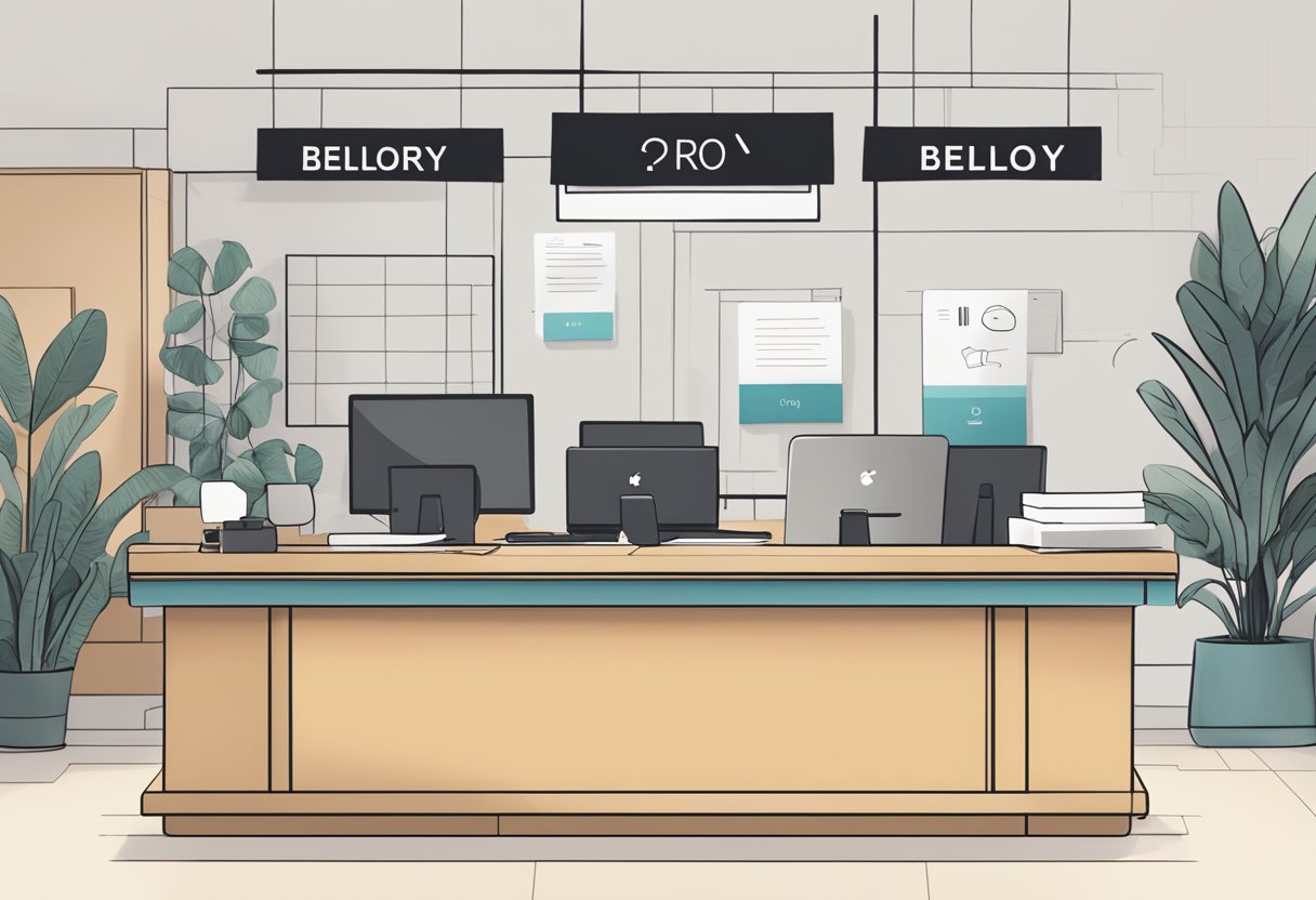 A customer service desk with a sign reading "Frequently Asked Questions - Bellroy Singapore" above it