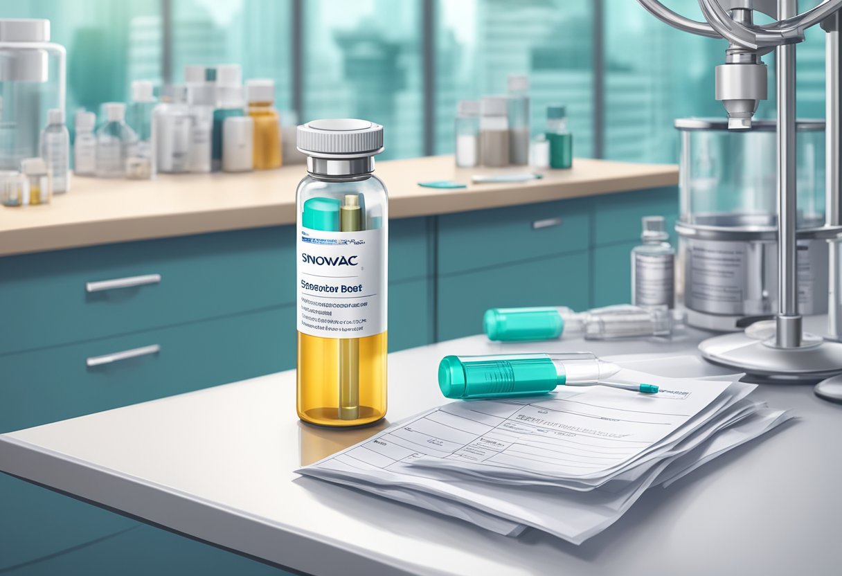 A vial of Sinovac booster sits on a sterile medical table in a Singaporean clinic, surrounded by medical equipment and paperwork