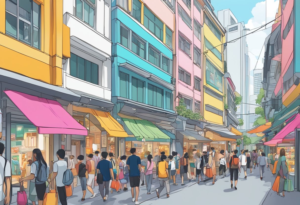A bustling street in Singapore, with colorful storefronts and people browsing. ASOS signage prominent. Busy traffic passes by