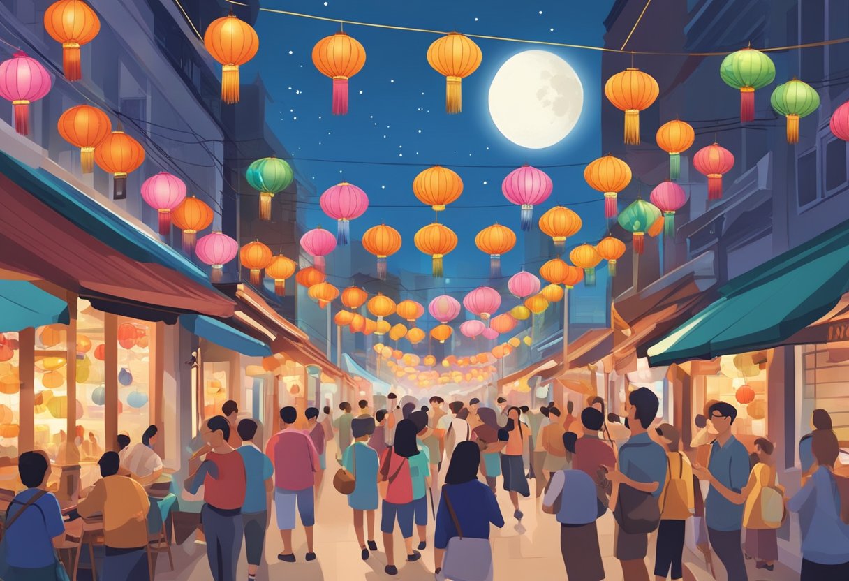 A bustling Singapore street adorned with colorful lanterns for the Moon Festival, with people gathering to enjoy traditional activities and food