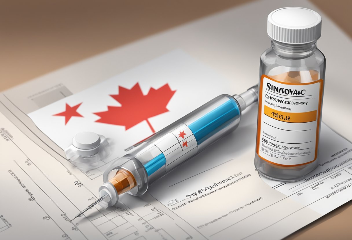 A vial of Sinovac-Coronavac sits next to a syringe and an official document, with a Singapore flag in the background