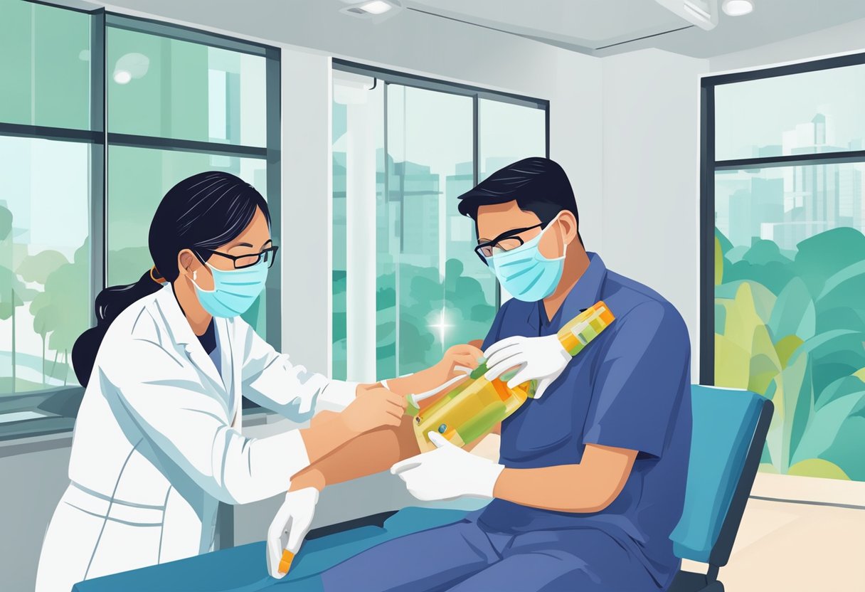 A healthcare worker administers a Sinovac booster shot to an eligible recipient in a clinic in Singapore