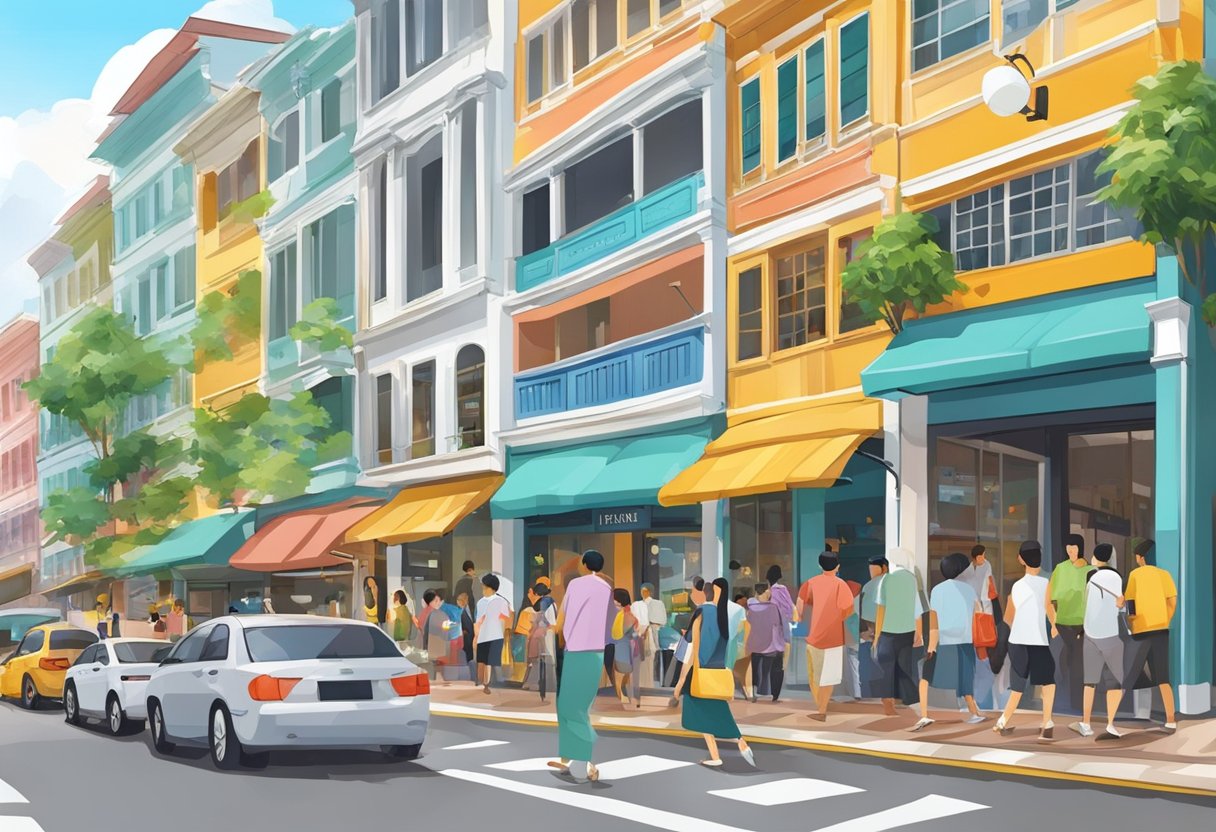 A bustling street in Aldo, Singapore with colorful storefronts and busy pedestrians
