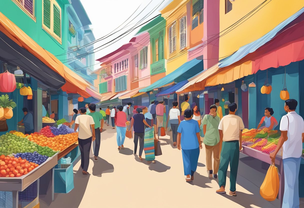 Vibrant street market with colorful shopfronts in Rang Mahal, Singapore