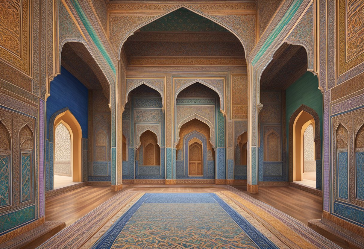 Vibrant colors and intricate patterns fill the ornate halls of Rang Mahal, with delicate arches and detailed carvings adorning the walls and ceilings