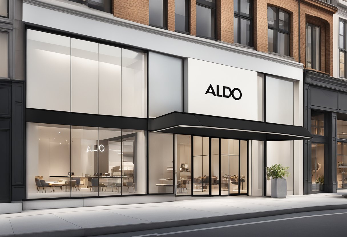 Aldo's logo prominently displayed in a sleek, modern storefront window, with clean lines and high-quality materials