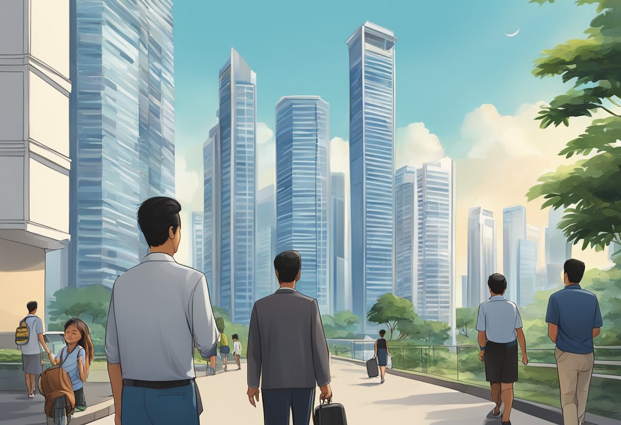 A group of Jehovah's Witnesses go door-to-door in Singapore, sharing their faith with residents. The city skyline looms in the background
