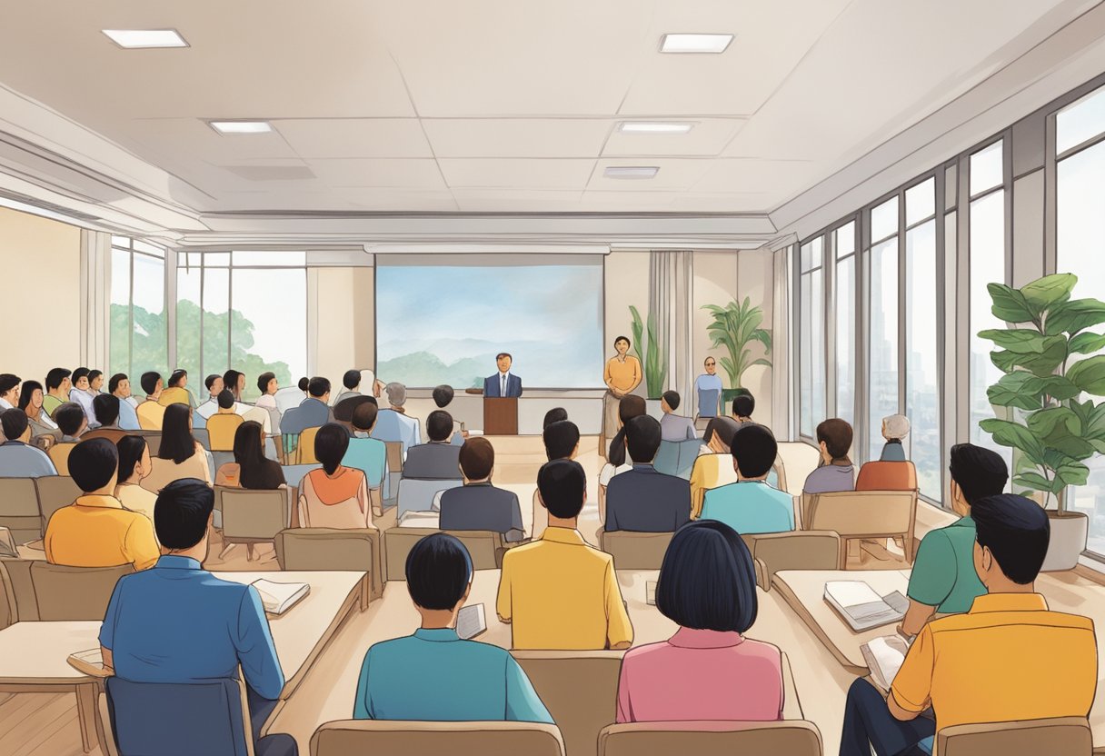 A group of people in Singapore gather for a Jehovah's Witness meeting, discussing their history and beliefs. The room is filled with lively conversation and a sense of community