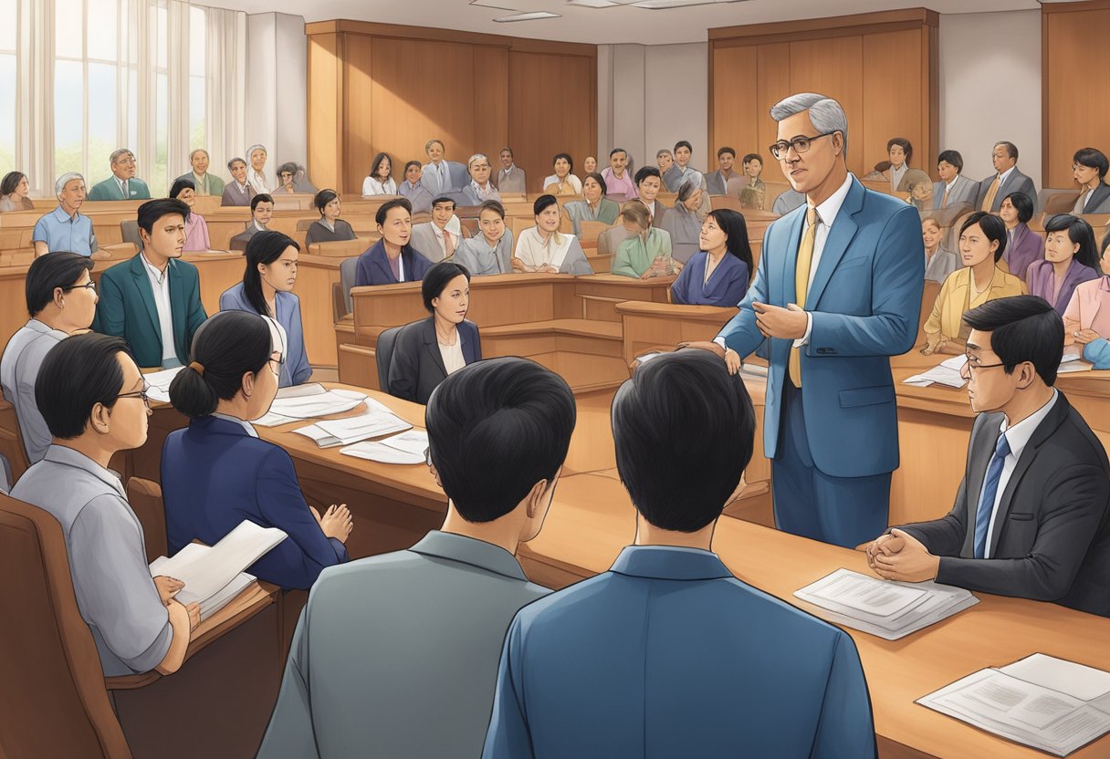A group of Jehovah's Witnesses in Singapore facing legal challenges, discussing and strategizing in a courtroom setting